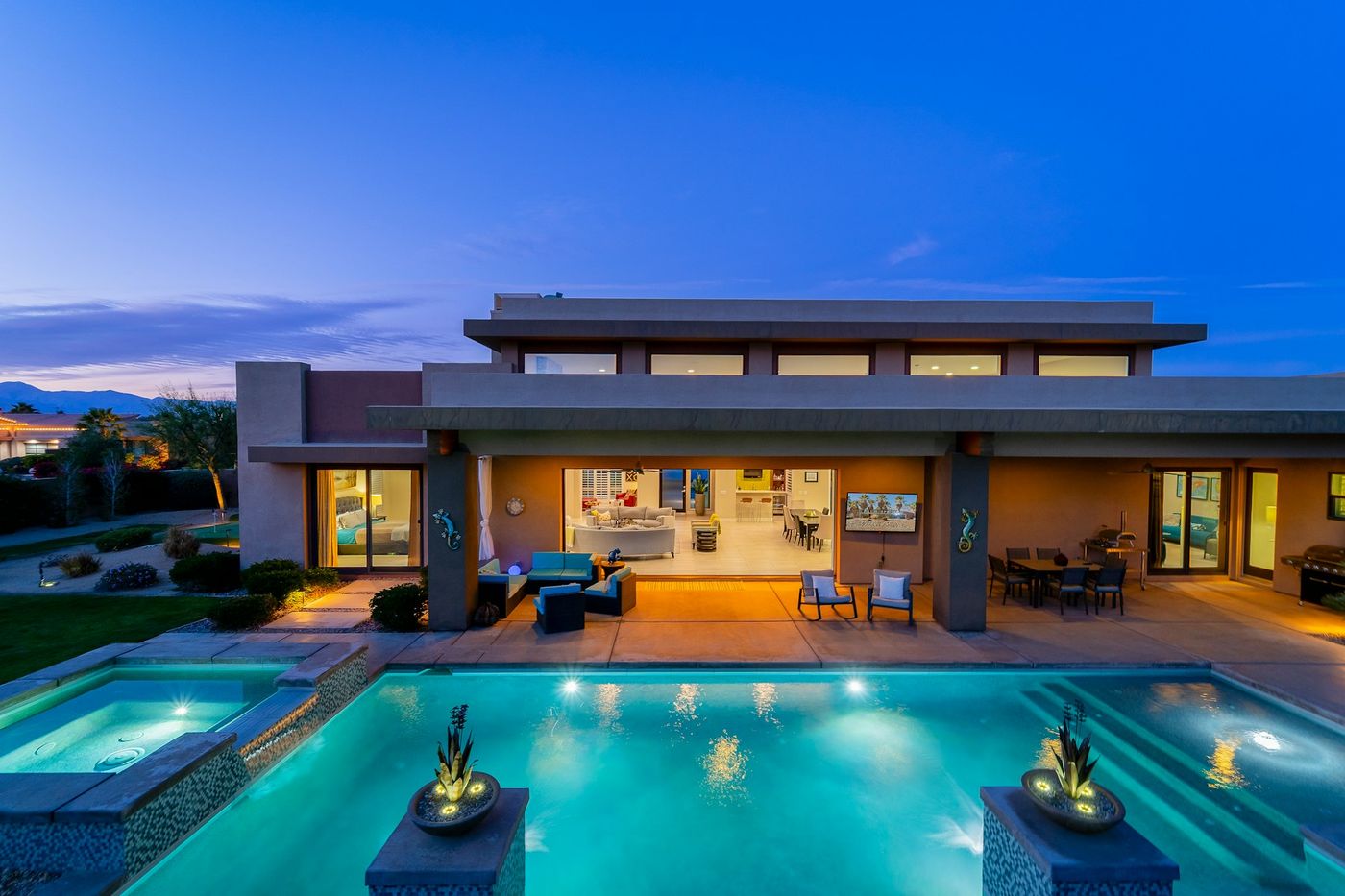 An upscale home at dusk
